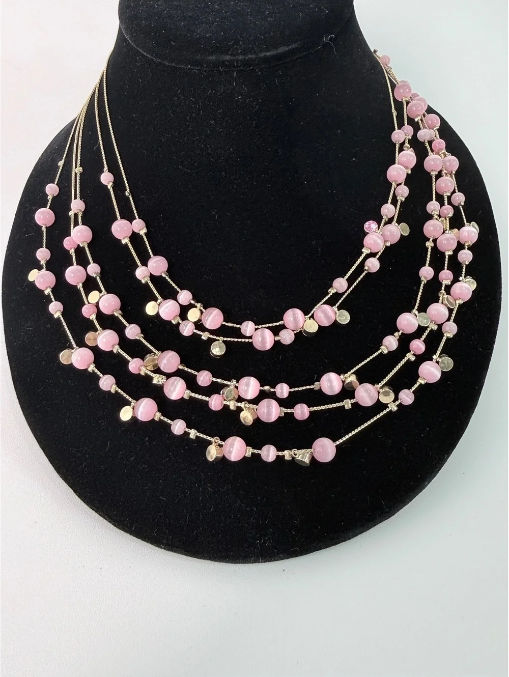Chico's Pink Cat Eye Bead Multi-Strand Statement Necklace Gold Tone